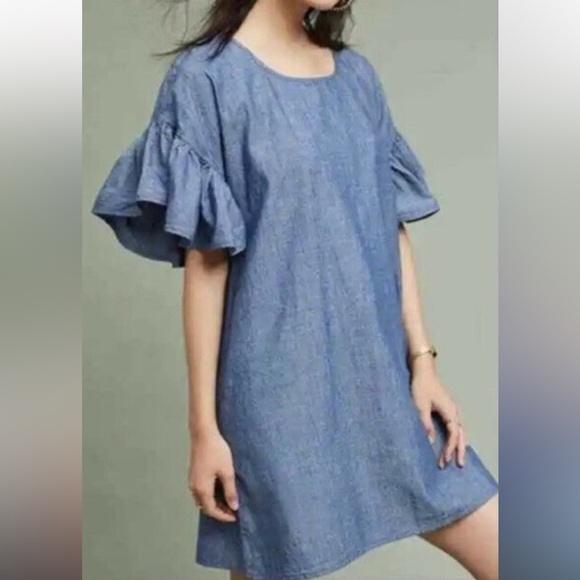MAISON LABECHE by Anthropologie Denim Ruffle Sleeve Dress Size Small - Picture 1 of 7